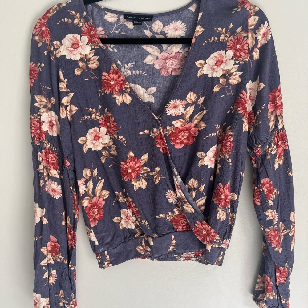 American Eagle Floral Wrap Top - Blue and Red